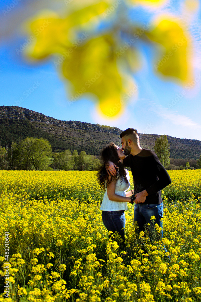 vertical portrait of young couple enjoying smiling and kissing on a sunny spring day in a field of yellow flowers and blue sky vertical portrait of young couple enjoying smiling and kissing on a sunny spring day in a field of yellow flowers and blue sky