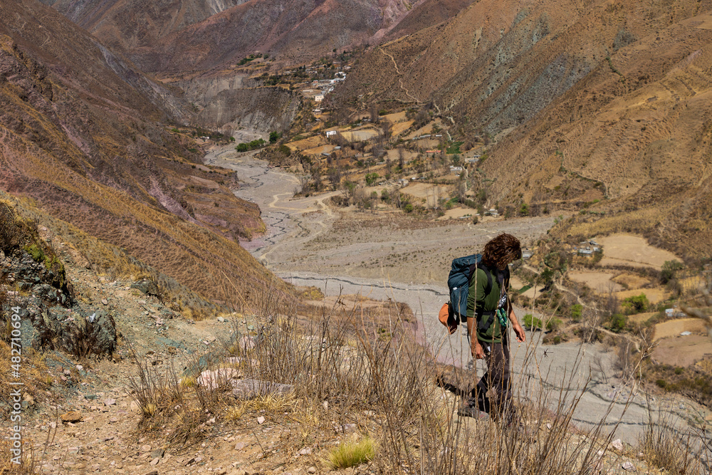 Man trekking through Argentine mountains Man trekking through Argentine mountains