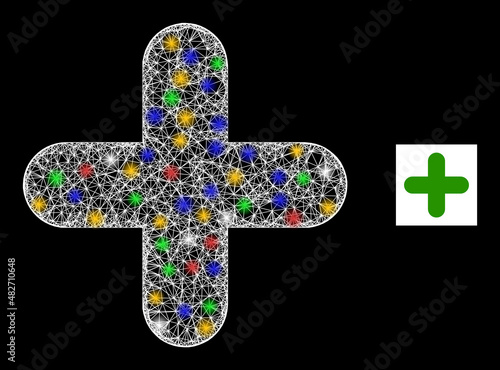 Bright hatched mesh pharmacy cross with vibrant glowing spots. Illuminated vector mesh created from pharmacy cross pictogram. Sparkle frame mesh pharmacy cross, on a black backgound.