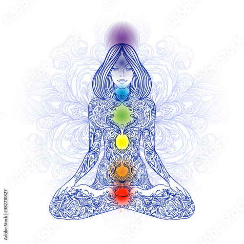 Woman ornate silhouette sitting in lotus pose. Meditation, aura and chakras. Vector illustration.