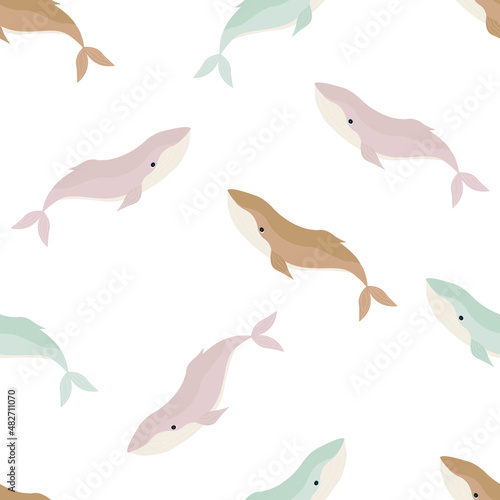 Cute whales seamless pattern. Hand drawn children sea background. Cartoon print of the underwater world. Vector illustration of the ocean with whales. Design for fabric  texture  website.