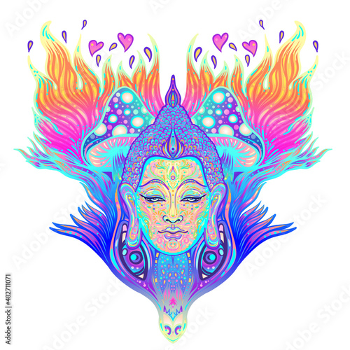 Sitting Buddha over colorful neon background. Vector illustration. Psychedeli...