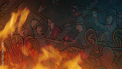 Medieval Soldiers Fighting Stone Carving In Fire