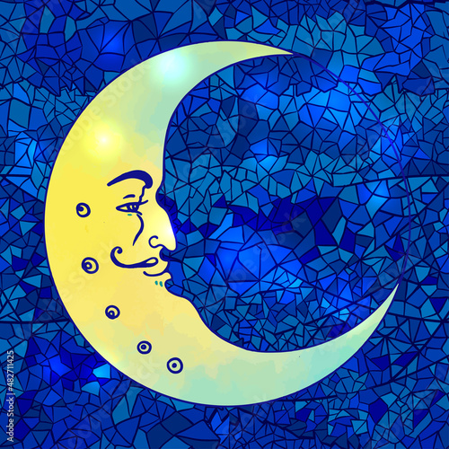 Vector drawing of the Moon with human face isolated on blue mosaic background.