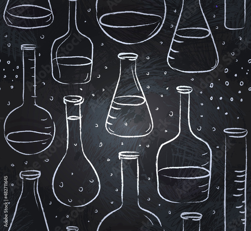 Back to School: science lab objects doodle vintage style sketches seamless pattern, vector illustration.