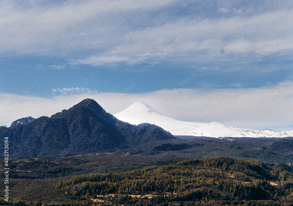 Landscape of the Villarrica volcano at the Panguipulli lake