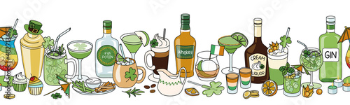 Saint Patricks Day cocktail party seamless line pattern ornament. Leprechaun hat shaker  Green orange white drinks in glasses  liquor bottles and appetizers  Irish flag and shamrock clover decoration.