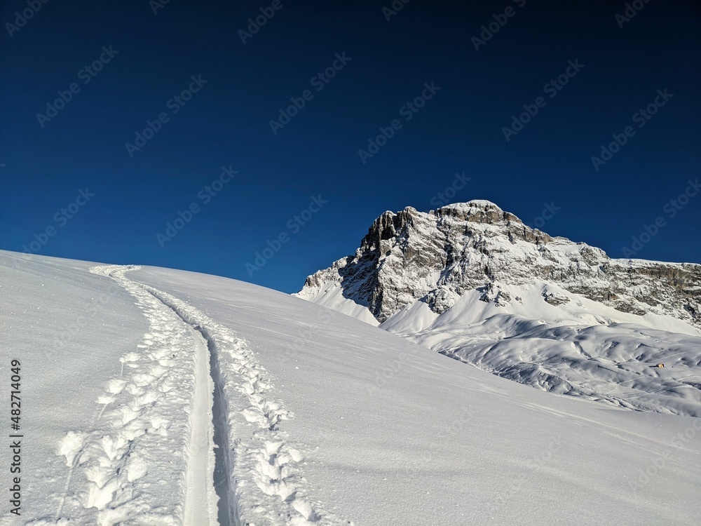 Ski mountaineering on the Girenspitz and Schafberg in St. Antonien above Partnun, Graubunden. Ski tour in deep snow