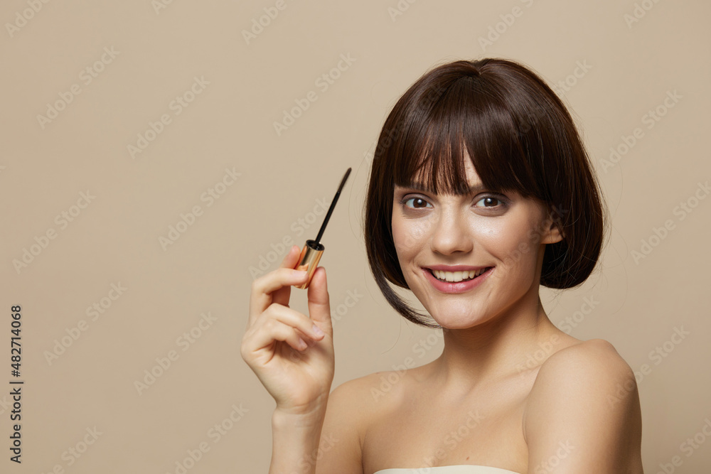young woman smile mascara charm short haircut cropped view