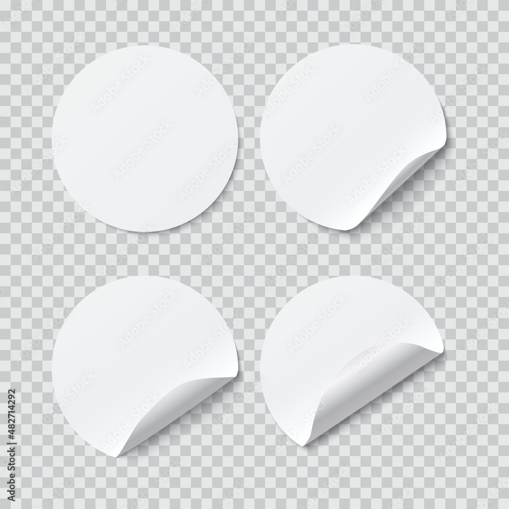 Round paper stickers template. Realistic vector white sticky paper circles on transparent background Round paper stickers template. Realistic vector white sticky paper circles on transparent background