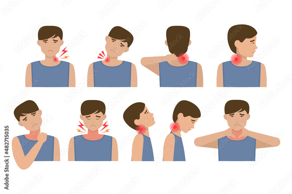 Young man with neck pain in different positions Young man with neck pain in different positions