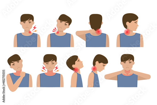 Young man with neck pain in different positions
