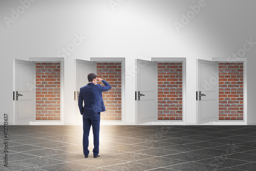 Obraz na plátně Businessman facing no exit with brick door