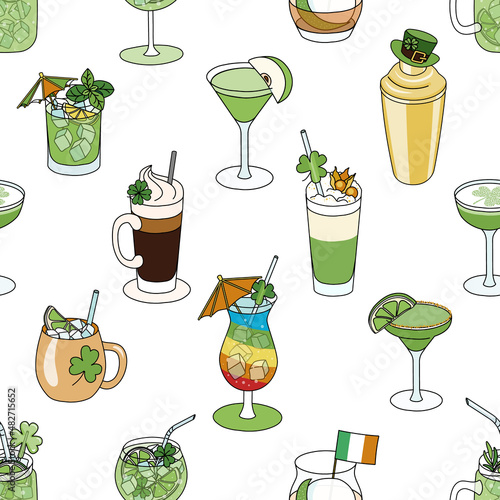 Saint Patricks Day special green cocktails seamless pattern vector illustration in cartoon doodle style.Margarita, Martini, Irish Coffee, Old Fashioned and other. Irish flag, rainbow and clover decor