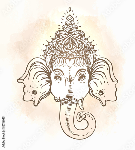 Hindu Lord Ganesha over ornate colorful mandala. Vector illustration.