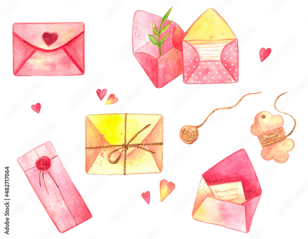 Watercolor set with envelope isolated on white background Watercolor set with envelope isolated on white background