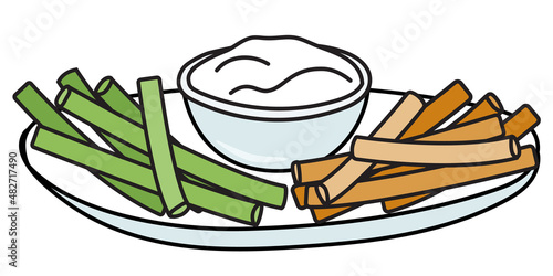 Saint Patricks Day special green white orange Irish flag celery and carrot sticks with sauce on a plate. Doodle cartoon vector illustration isolated on white. For greeting card, sticker or invitation