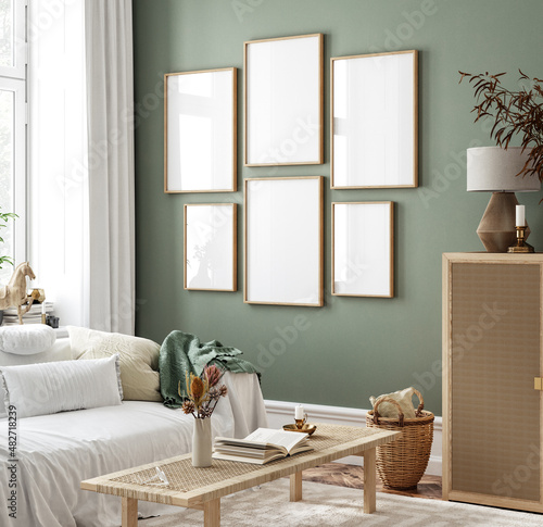 Mockup frame in home interior background, room in natural pastel colors, 3d render