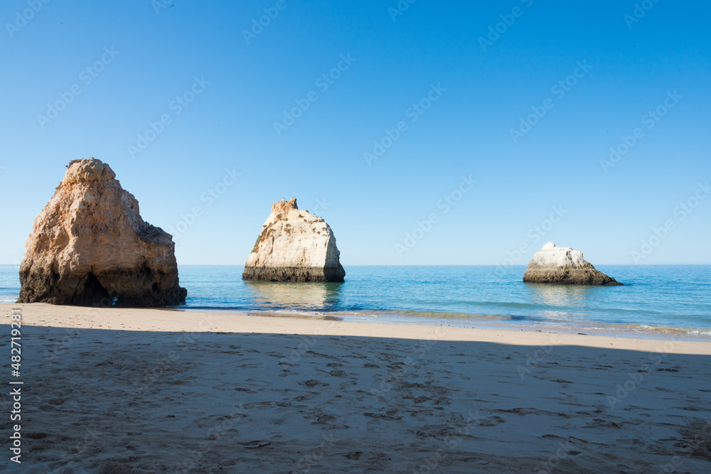 Scenic view of Beach of The three brothers early in the morning, no people. Portimao, Algarve, Portugal