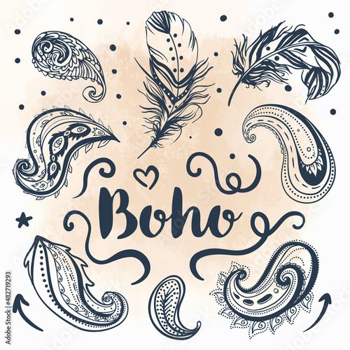 Gypsy Love: Set of Ornamental Boho Style Elements. Vector illustration. Tatto...