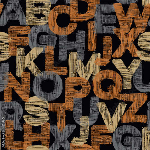 Color seamless pattern of English letters with textile texture on a black backdrop. Repeating vector background with capital Latin letters in retro style. Wallpaper, wrapping paper or fabric design