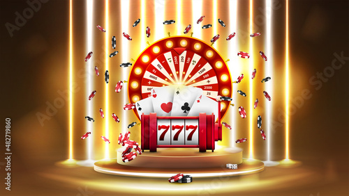 Gold banner with podium with Casino Wheel Fortune, Red slot machine, poker chips and playing cards in gold scene with wall of line vertical white and yellow neon lamps on background.