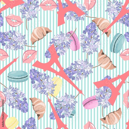 Seamless pattern with Eiffel Tower and French pastry. Vintage pastel floral pattern with Eiffel Tower. For textile, paper, wrapping paper, cards, packaging. 