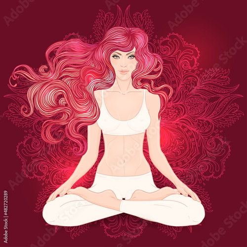 Beautiful Caucasian Girl with long curly red hair sitting in Lotus pose with ornate mandala on background. Vector illustration. Spa consent  yoga studio  or natural medicine clinic. Art nouveau style.