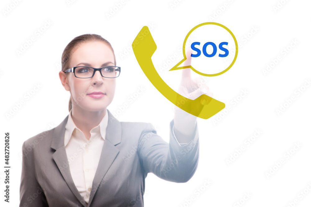 Businesswoman pressing SOS button in case of danger Businesswoman pressing SOS button in case of danger