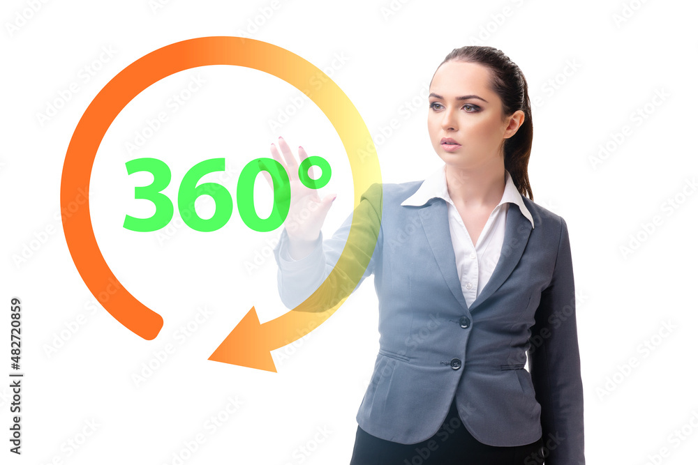 360 degree concept with businesswoman pressing button 360 degree concept with businesswoman pressing button