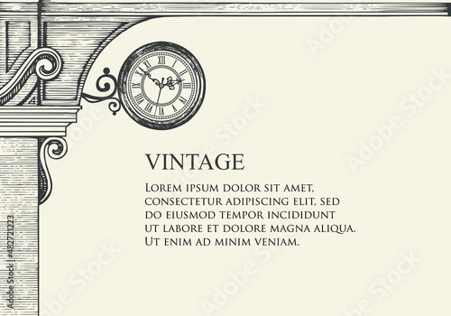 Vintage banner or background with round street clock, medieval arch and place for text on a light background. Hand-drawn vector illustration in retro style, suitable for certificate or diploma