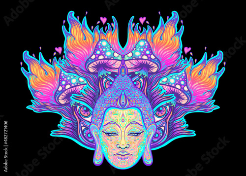 Sitting Buddha over colorful neon background. Vector illustration. Psychedelic mushroom composition. Indian, Buddhism, Spiritual Tattoo, yoga, spirituality. Sticker, patch, 60s hippie colorful art.