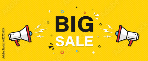 Big Sale with loudspeakers or megaphones on the sides. Big super sale marketing banner in yellow colors. Vector EPS 10