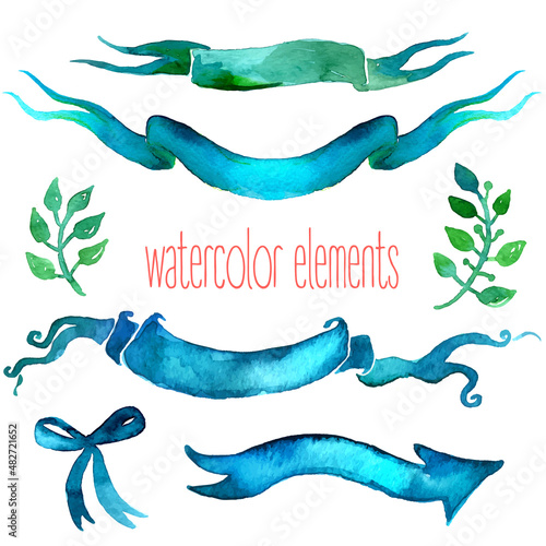 Boho style wedding invitation elements set. Ribbons. Watercolor illustration.