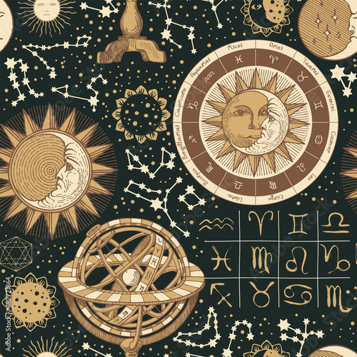 Beautiful seamless pattern in vintage style with sun, moon, stars, constellations and astrological signs on a black backdrop. Hand-drawn vector background on the theme of horoscopes and zodiacs photo