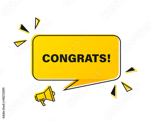 Megaphone with congrats speech bubble. Loudspeaker. Banner for business, marketing and advertising. Vector illustration 10
