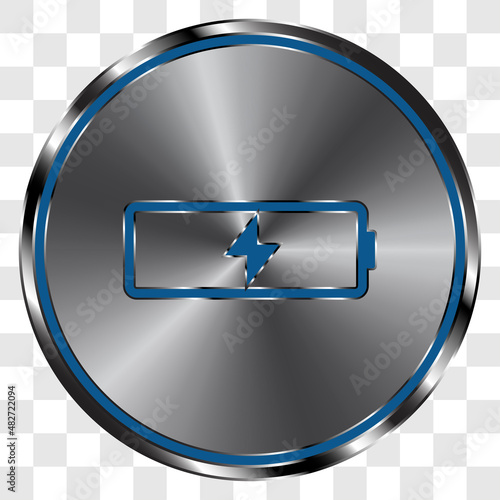 Battery simple icon vector on metal round button. Transparent grid
