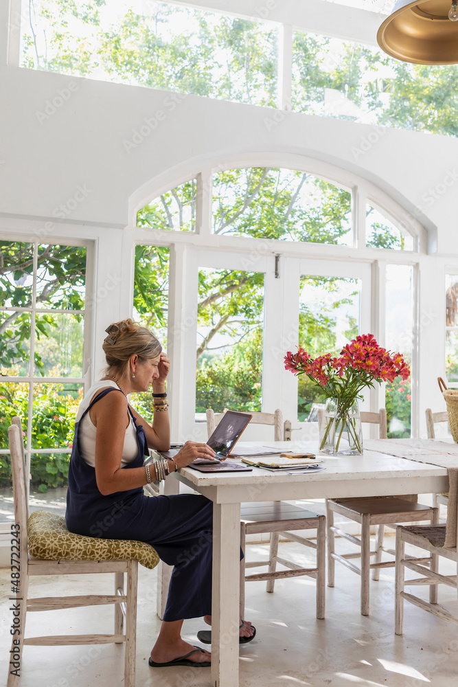 Mature woman with laptop in dining room Mature woman with laptop in dining room