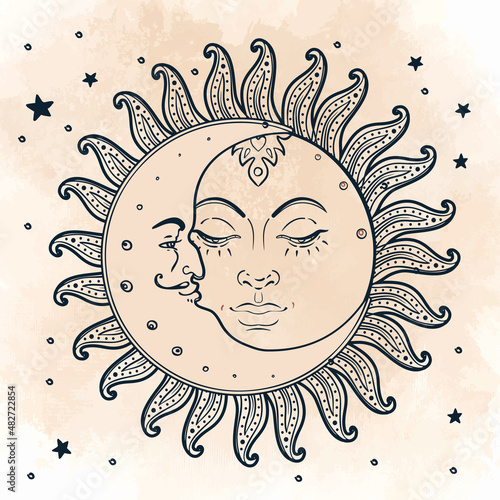 Sun and moon. Vector illustration in vintage engraving style.