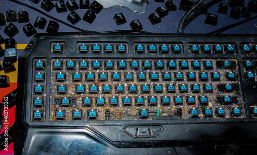 Very dirty keyboard. Dog hair, breadcrumbs and dust accumulated under the keys. Mechanical keyboard switches without buttons
