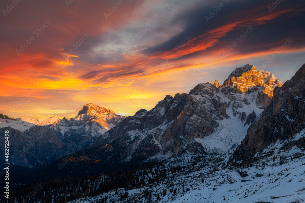 Beautiful winter sunset in the mountains