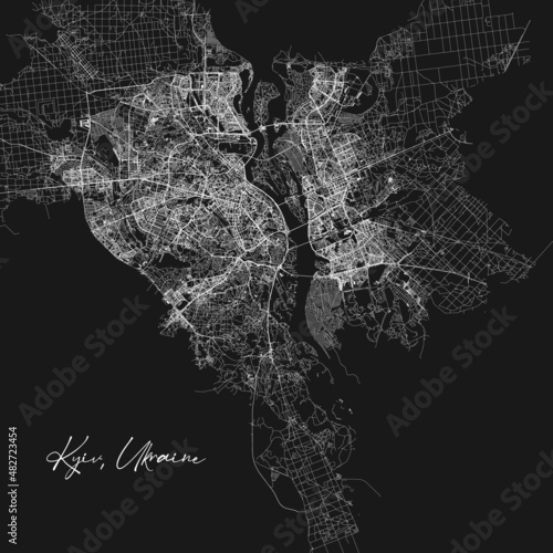 Kyiv Kiev black and white city map. Vector illustration, Kyiv Kiev map grayscale art poster. Street map image with roads, metropolitan city area view.