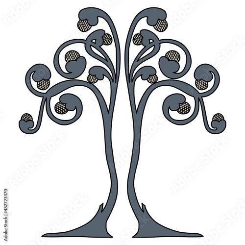 Symmetrical floral design. Stylized tree. Folk style. Curves branches with fruits. Monochrome silhouette.