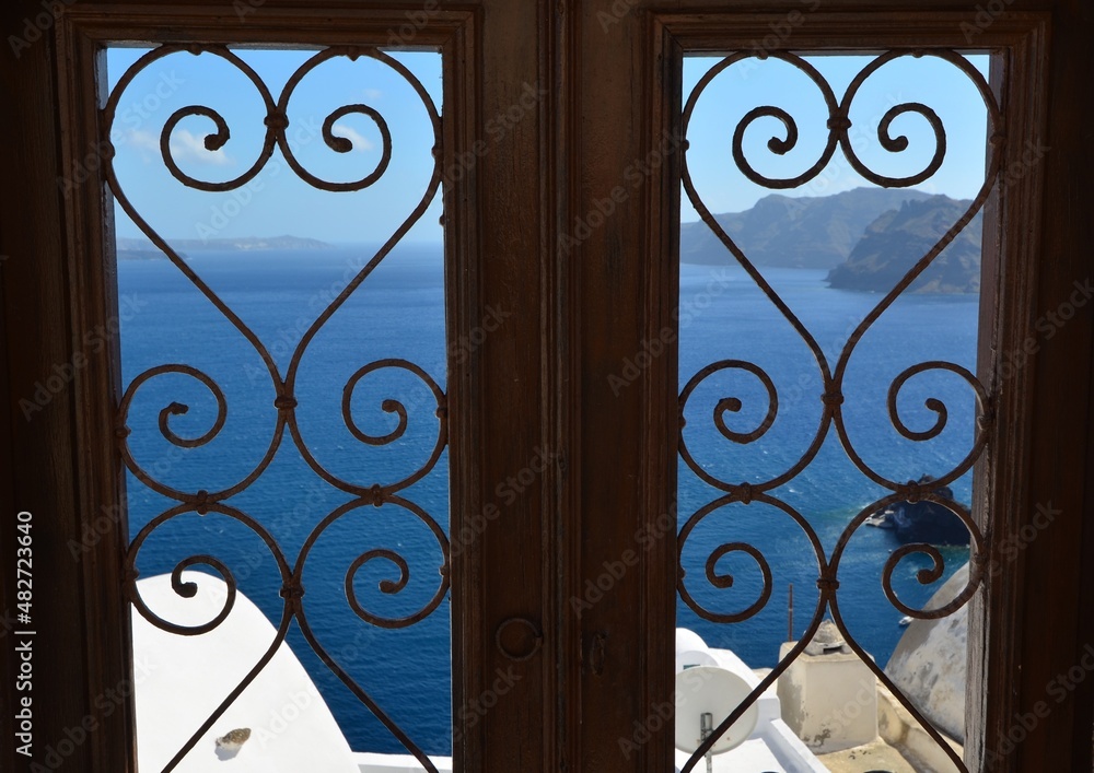 View through outside doors, Santorini, Greece View through outside doors, Santorini, Greece