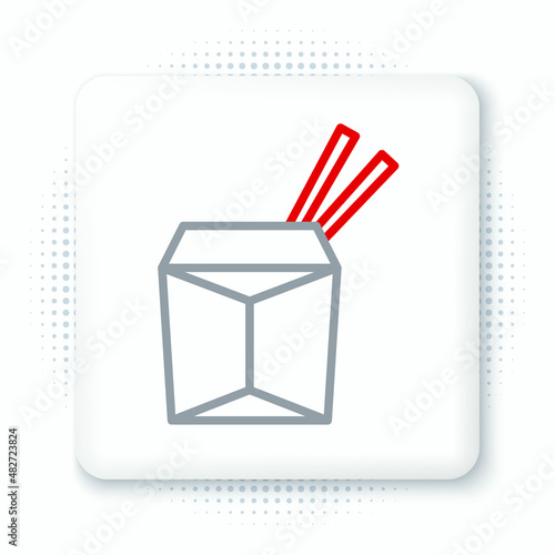 Line Asian noodles in paper box and chopsticks icon isolated on white background. Street fast food. Korean, Japanese, Chinese food. Colorful outline concept. Vector