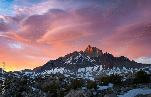 Dramatic sunset light on Mount Humphreys, viewed from the wilderness of the High Sierra, California, USA photo