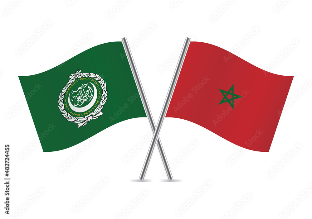 Arab League and Morocco flags. Arab League and Moroccan flags isolated on white background. Vector illustration. Arab League and Morocco flags. Arab League and Moroccan flags isolated on white background. Vector illustration.