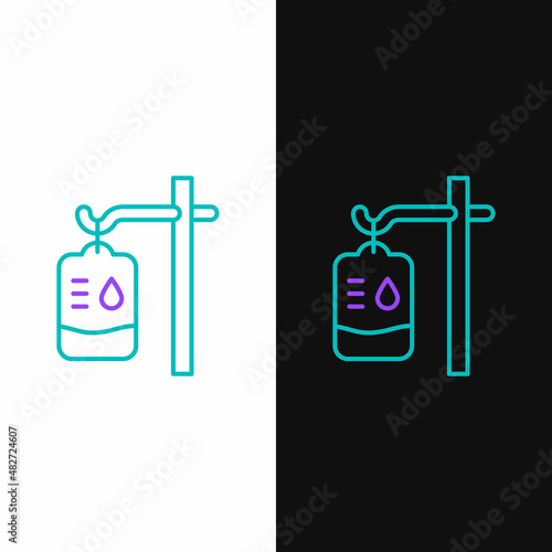 Line IV bag icon isolated on white and black background. Blood bag. Donate blood concept. The concept of treatment and therapy, chemotherapy. Colorful outline concept. Vector