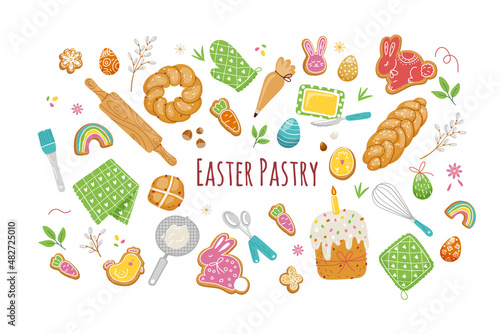 Set of easter pastry elements,traditional backing on spring holiday.vector flat