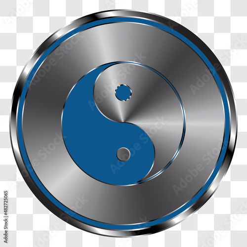 Yin Yang simple icon vector on metal round button. Transparent grid